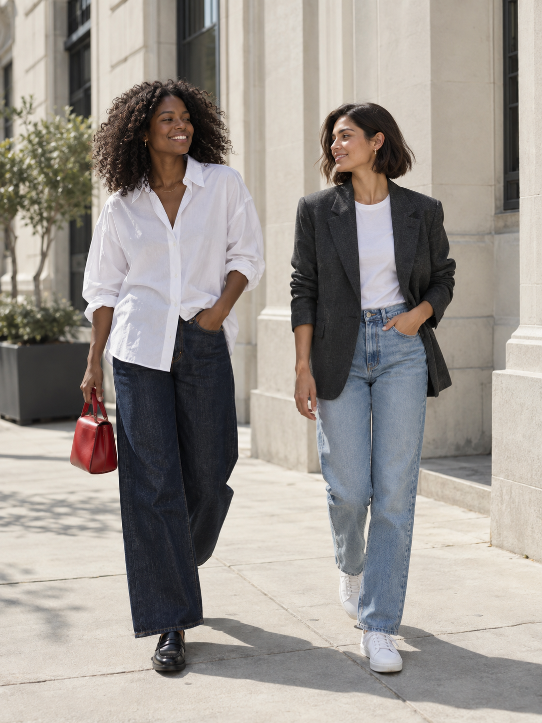 Relaxed denim outfits with a shirt and a tailored outer layer.